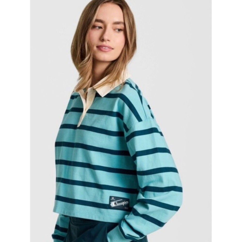 CHAMPION SIZE LARGE LONG SLEEVE CROPPED RUGBY SHIRT TEAL NAVY